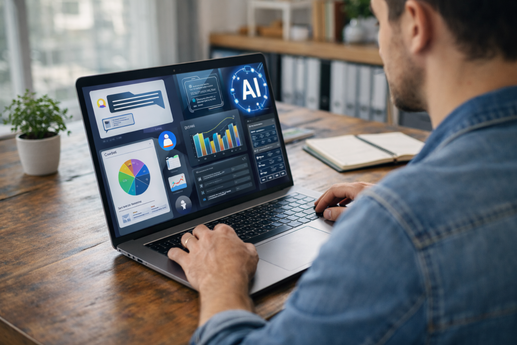 Small business owner using a laptop with analytics dashboards and automation tools in a bright office setting