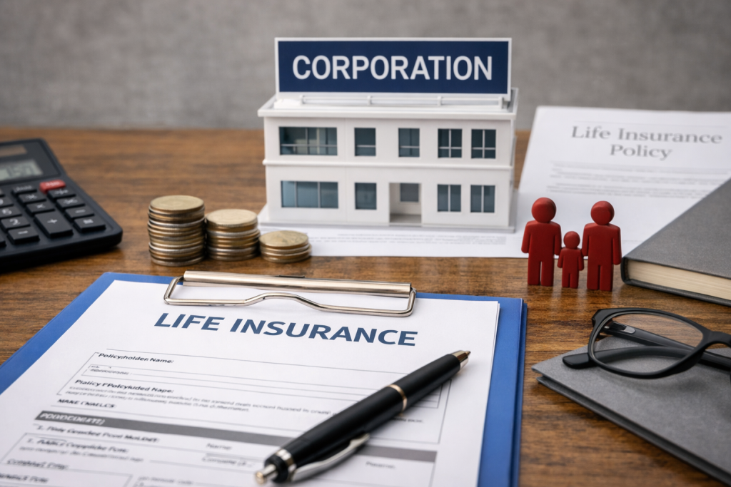 Corporate building model with life insurance documents, coins, and family figures representing business estate planning