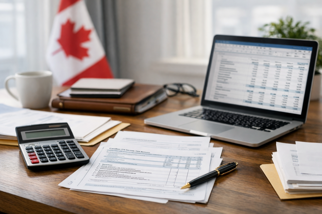 Organized desk with Canadian tax forms, calculator, laptop spreadsheet, and small Canadian flag in background.