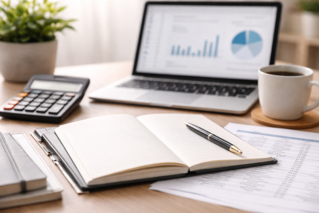 Organized desk with laptop, calculator, notebook, and blurred financial chart on screen in natural light