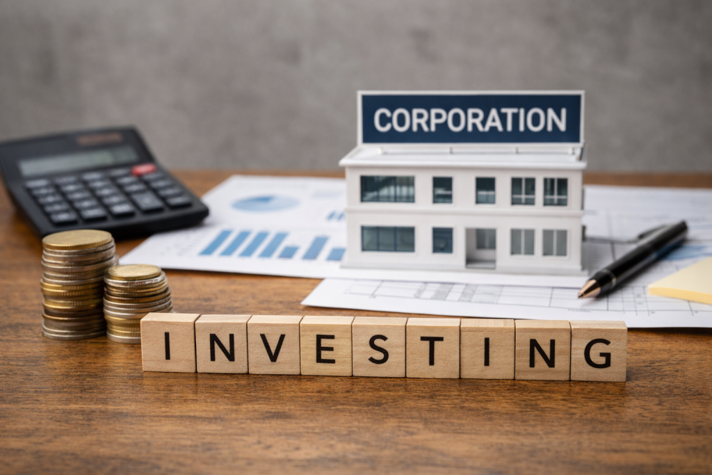 Coins, calculator, and corporate building model with “investing” blocks representing corporate investment planning