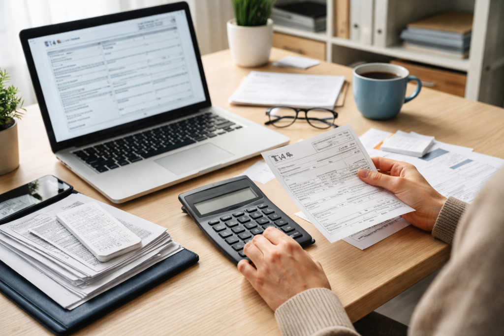 A person reviewing tax documents at a desk with a calculator, laptop, and Canadian T4 slip.