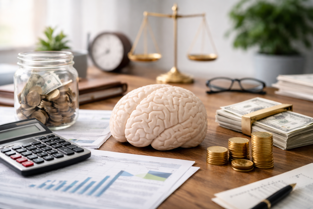 Brain model on desk with calculator, coins, cash, and financial documents symbolizing money decisions.