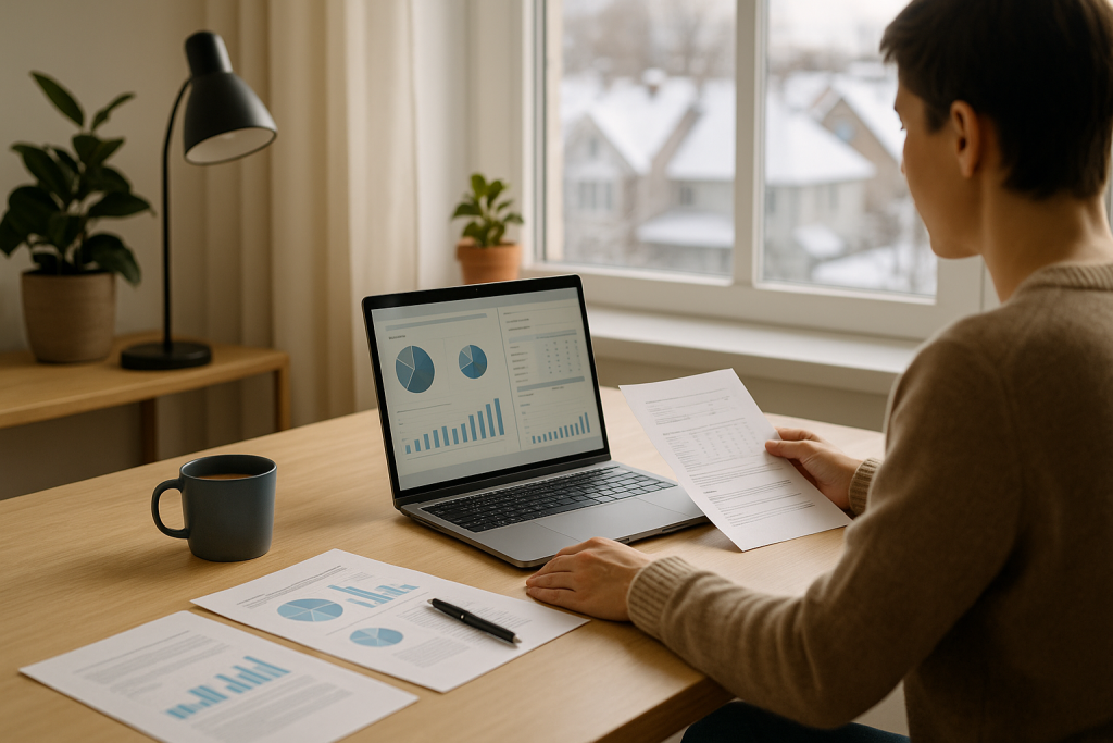 Canadian home office workspace with a person reviewing financial charts and documents for RRSP and TFSA planning, snowy houses visible through a window.