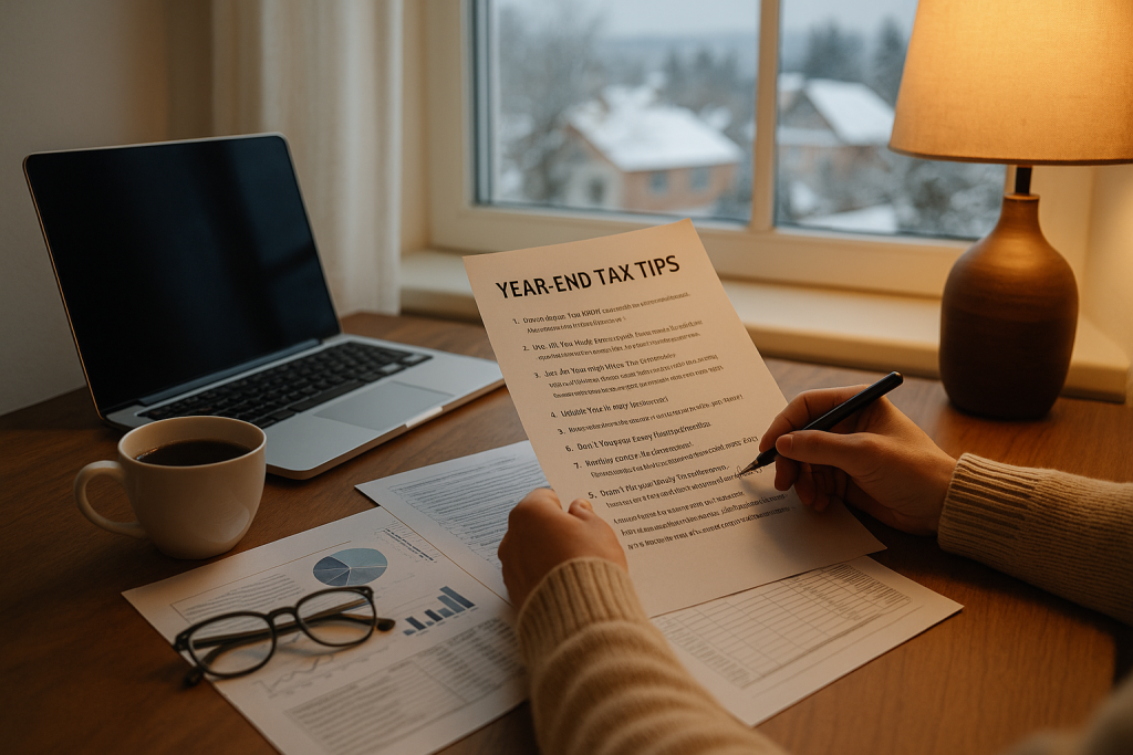 Cozy Canadian home office scene with winter light, showing paperwork, coffee, and a laptop as someone reviews year-end tax documents before December 31.